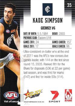 2012 Select AFL Champions #35 Kade Simpson Back